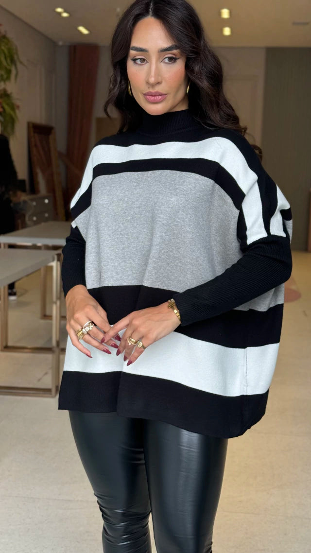 Conjunto Poncho Tricot Listrado Preto & Legging Cirre Couro com pelúcia por Dentro